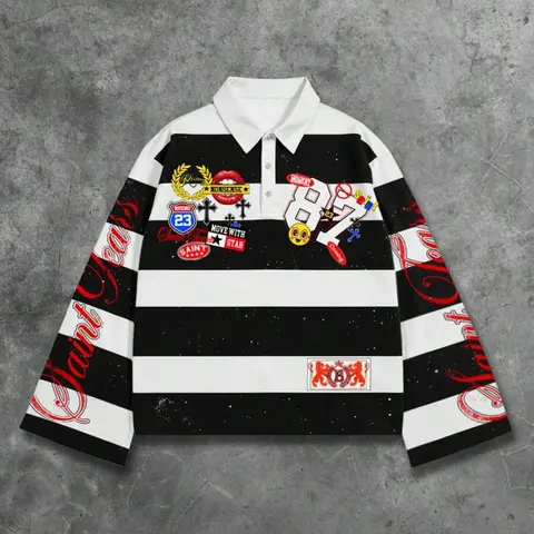 Y2K Punk Black and White Striped Baggy Loose Classic Printed Polo Shirt with Red Digital Print and Flared Lettering - Saint Tears Long-Sleeved Casual Aesthetic Polo Shirt