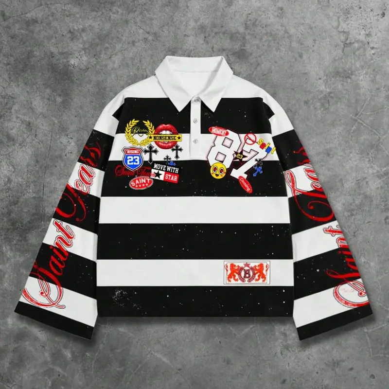 Y2K Punk Black and White Striped Baggy Loose Classic Printed Polo Shirt with Red Digital Print and Flared Lettering - Saint Tears Long-Sleeved Casual Aesthetic Polo Shirt