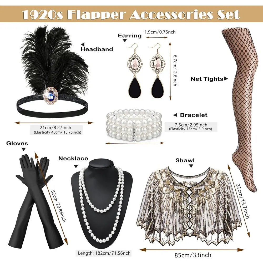 Women's 1920s Vintage Flapper Costume Accessories Set - Sequined Shawl, Headpiece, Headband, Satin Clothes for Girls' Halloween, Party Events