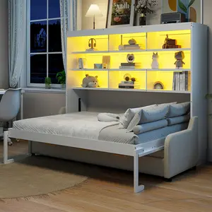 Queen Size Wood & Linen Murphy Cabinet Bed, Folding Sofa with Built-in Storage Shelves and LED Lighting, Beige Indoor Bed Frame
