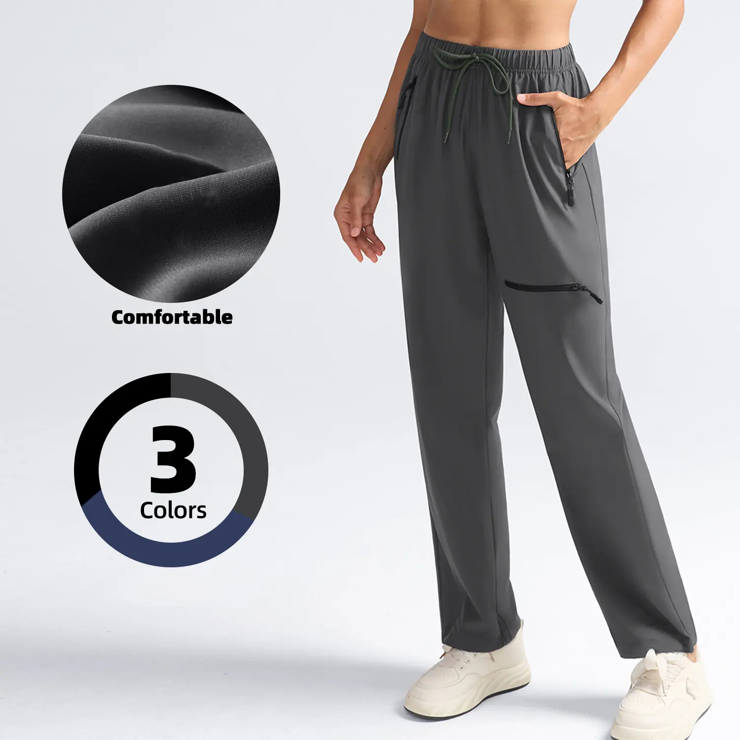 Women's Quick-Dry Woven Joggers, Super Stretchy Polyester Blend, Lightweight & Windproof with Zip Pockets for Travel and Workouts, Universal