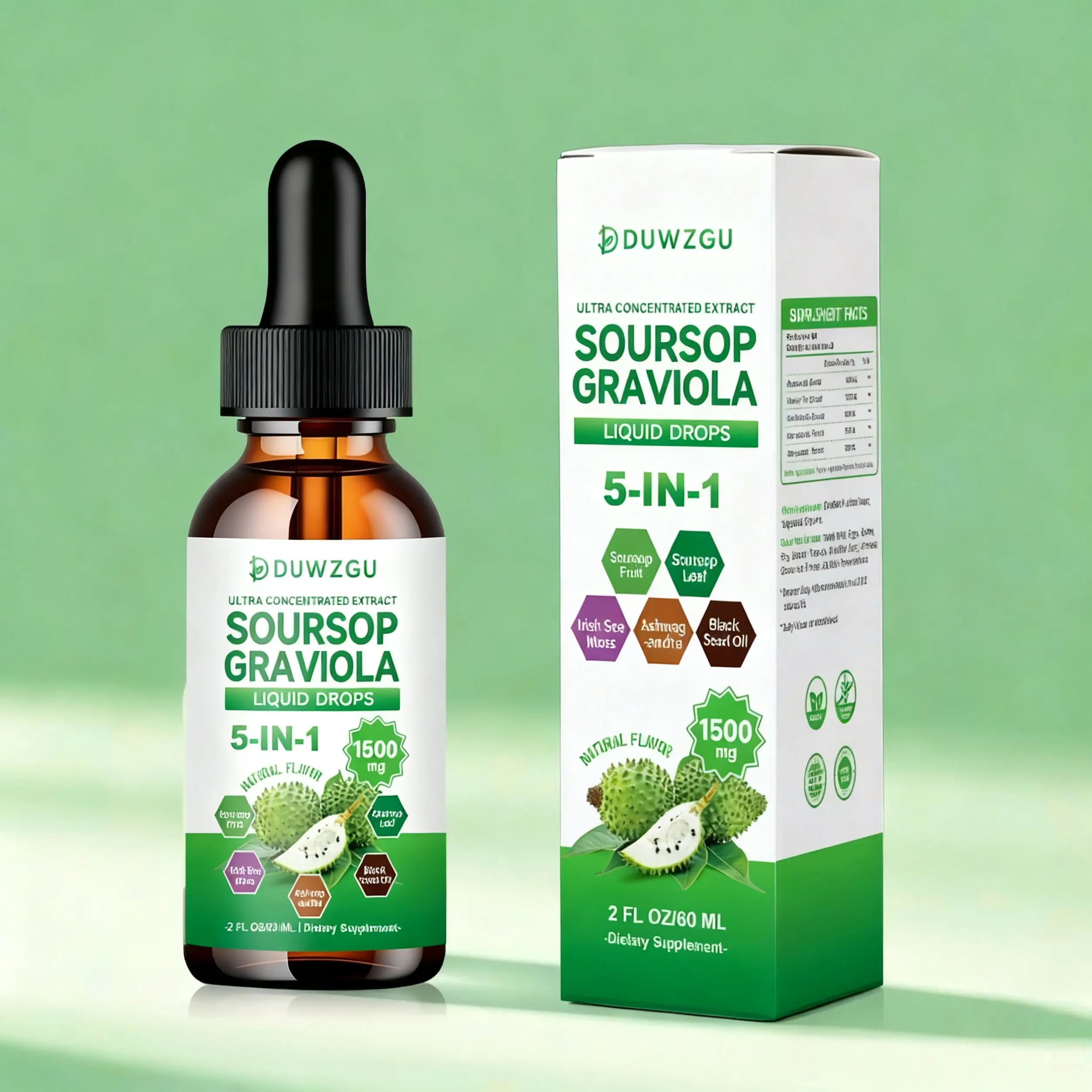 DUWZGU Natural Organic Soursop Liquid Drops - Edible Seed Botanical Fitness Supplement, Herbal Extract, Multivitamin, Dietary Fiber, 60ml (2 Fl Oz) for Energy & Immunity Support
