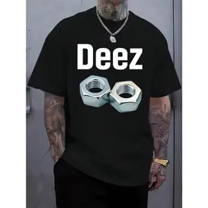 【FathersDayGift】Men's Funny Deez Nuts Meme T-Shirt With Nut & Bolt Graphic - Black Cotton Short Sleeve Crewneck Tee, White Text Print, Casual Streetwear For Casual Attire, All-Season, Gift For Men (Nutcracker Joke Design)