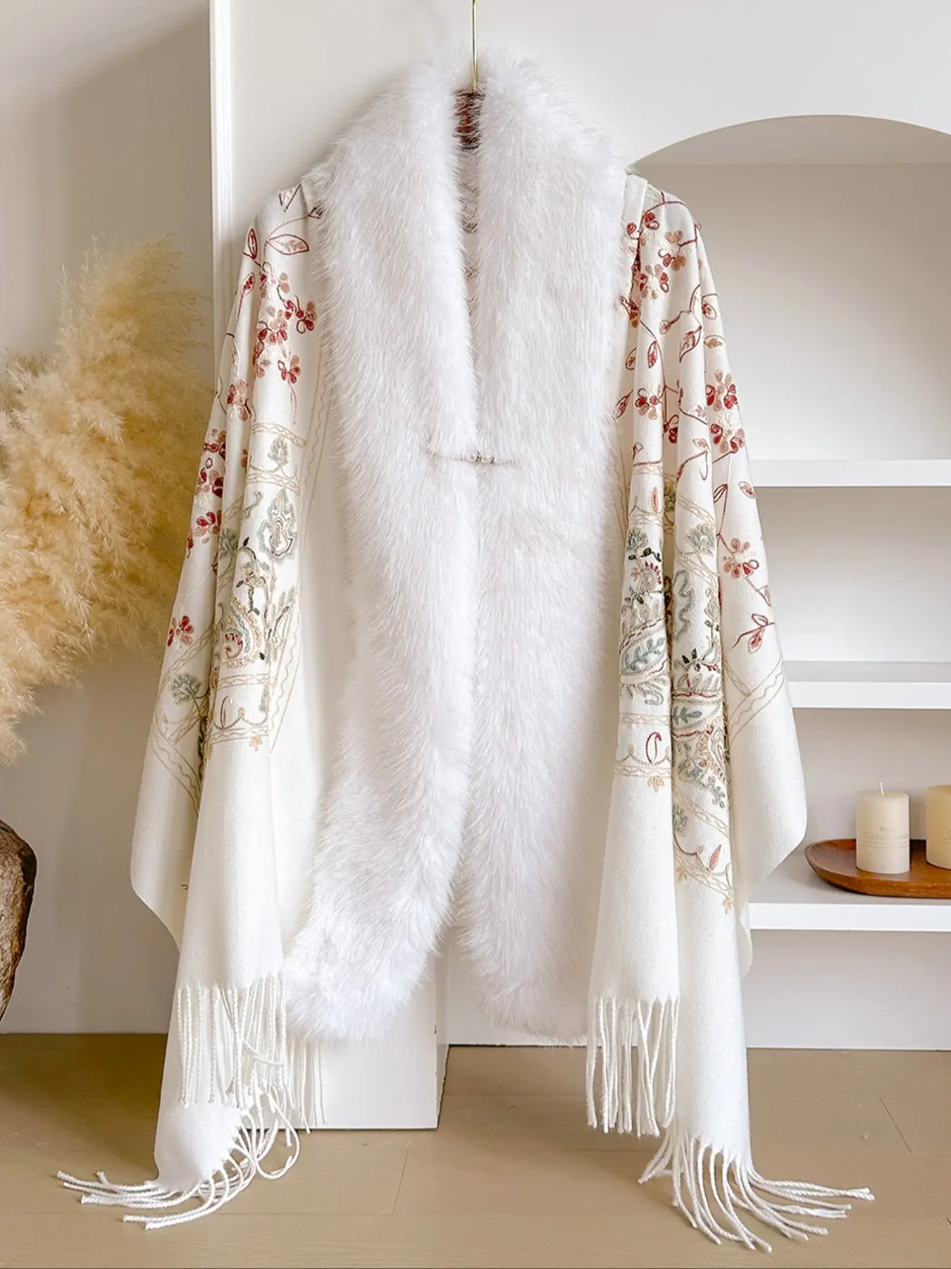 Women's Embroidered Ethnic Style, Elegant Woven Fabric Accessory for Fall & Winter, Casual Daily Wear, Thick Material, Floral Embroidered Scarf, Fringe Trim Shawl, Embroidery Shawl, Casual Soft Shawl, Fashion Shawl