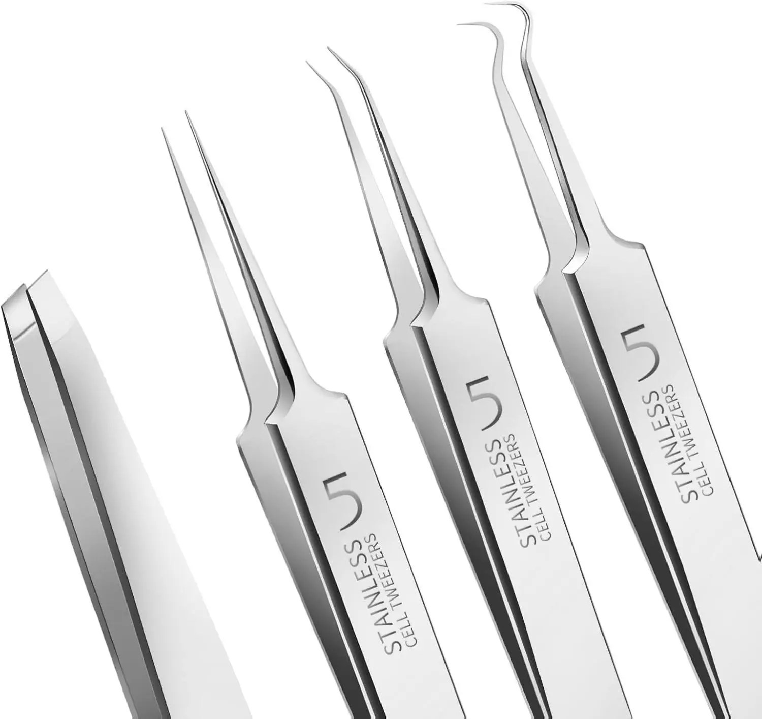 4-Piece Professional Stainless Steel Blackhead Tweezers & Pimple Popper Tool Kit, Facial Acne Treatment for Blackheads, Whiteheads, All Skin Types, Single Item Cell Tweezers