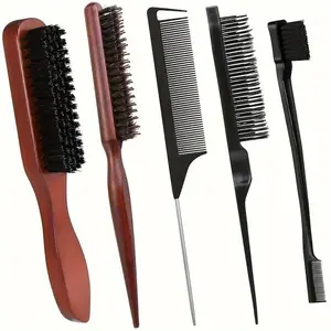 Boar Bristle Hair Brush & Comb Set, Smoothing Comb, Straight Tooth Comb, 5 Counts/set Hair Styling Tool for Curly & Straight Hair, Heatless Styling Tool for Men & Women