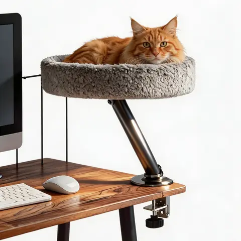 Desk-Mounted Cat Bed - 360° Lounge Spin, Machine Washable Fur Cover, 50 lbs Capacity Stable No-Wobble Perch, Under/Desk/Sill Fit for Gaming & Home Office Setups, Comfortable Resting Space-Saving Design