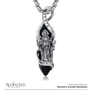 Audinceed Hecate Obsidian Crystal Necklace, S925 Sterling Silver Luxury Hekate Triple Moon Goddess Witch Magic Bruja Spiritual Healing Obsidian Amethyst Crystal Silver Necklace Pendant Blessed Amulet Protection Jewelry Gift For Women