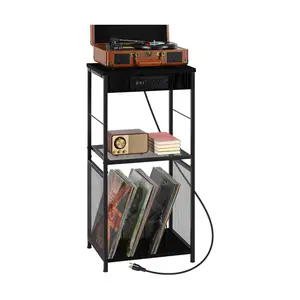 Record Player Stand Vinyl Record Storage with Charging Station Record Player Table with Album Storage Turntable Stand with USB Ports and Power Outlets Nightstand for Living Room, Industrial Black