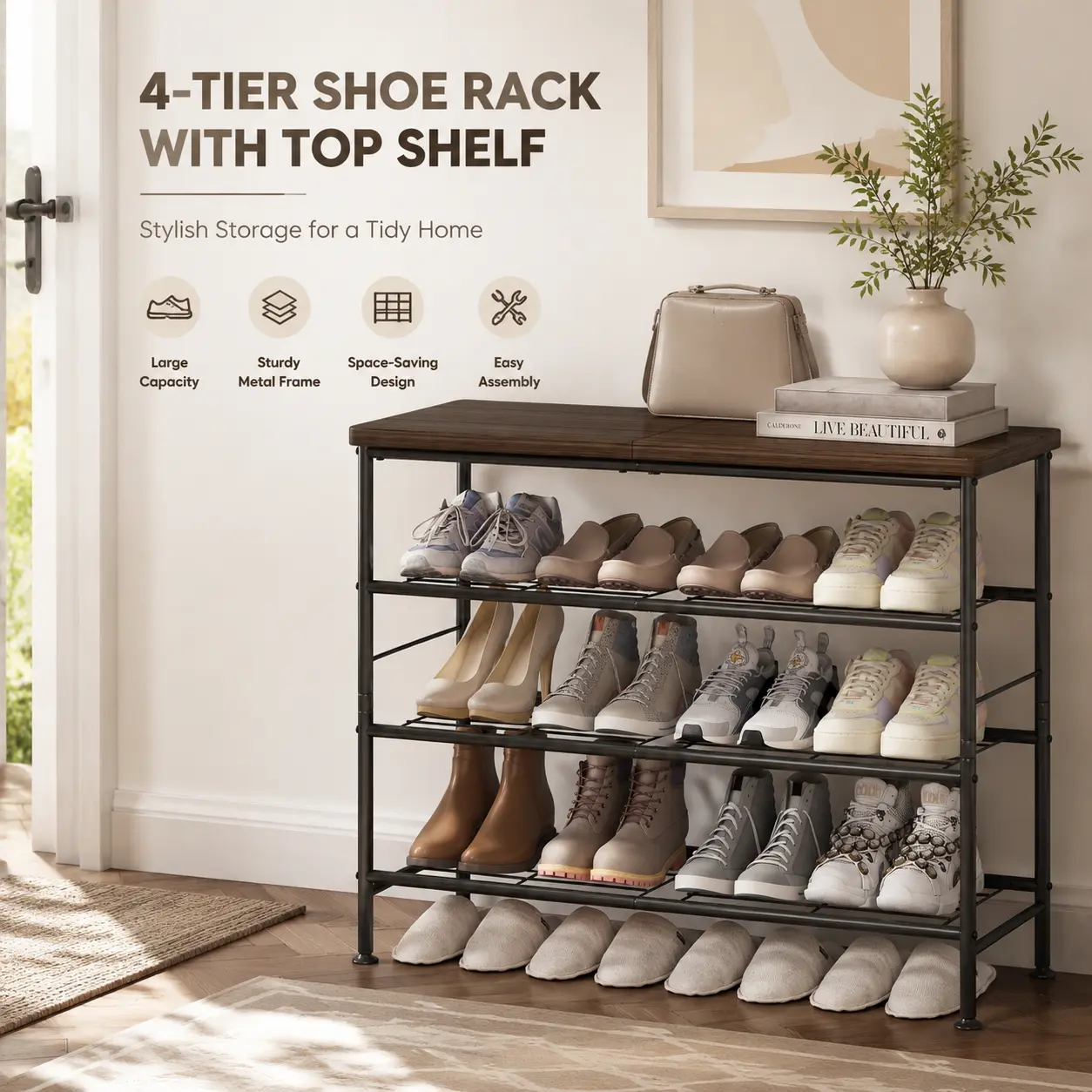 SUOERNUO 4 Tier 5 Tier 6 Tier Shoe Rack Organizer for Closet Entryway Free Standing Metal Storage Shelf with MDF Top Board Modern Furniture for Bedroom Organization