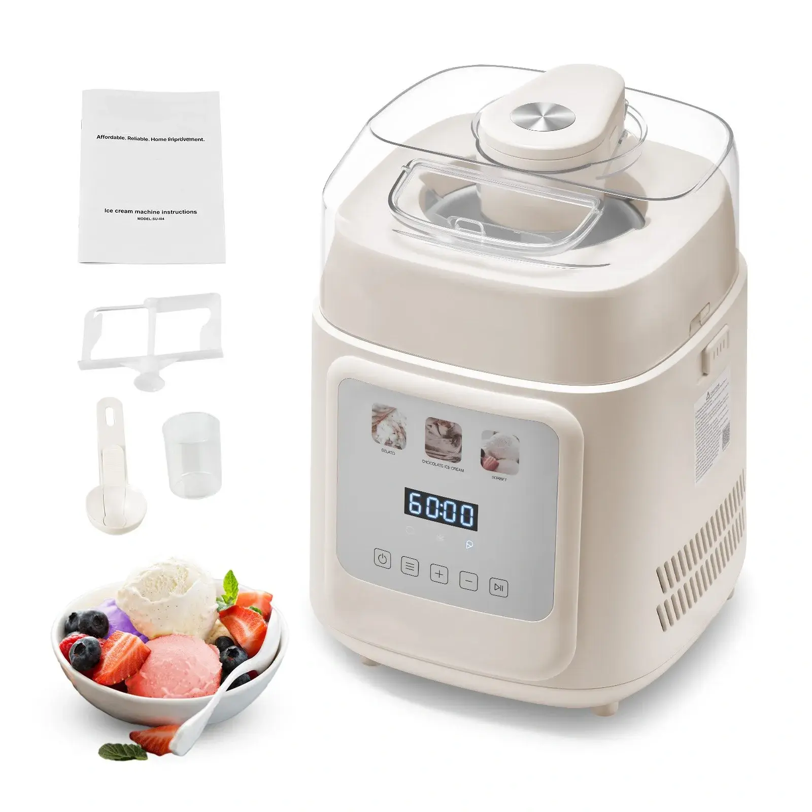 Upright Automatic Compressor Ice Cream Maker for Home, 1 Qt No Pre-freezing Machine with 4 Modes for Gelato, Frozen Yogurt & Sorbet