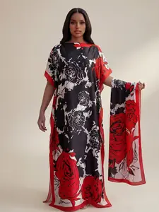 Elegant Floral Print Robe Set, Hooded Shawl Dress + Long Headscarf Hairband, Women's Beachwear Cover Up Sun Protection Satin Scarf, All Seasons Casual Style, Swimsuit Coverup