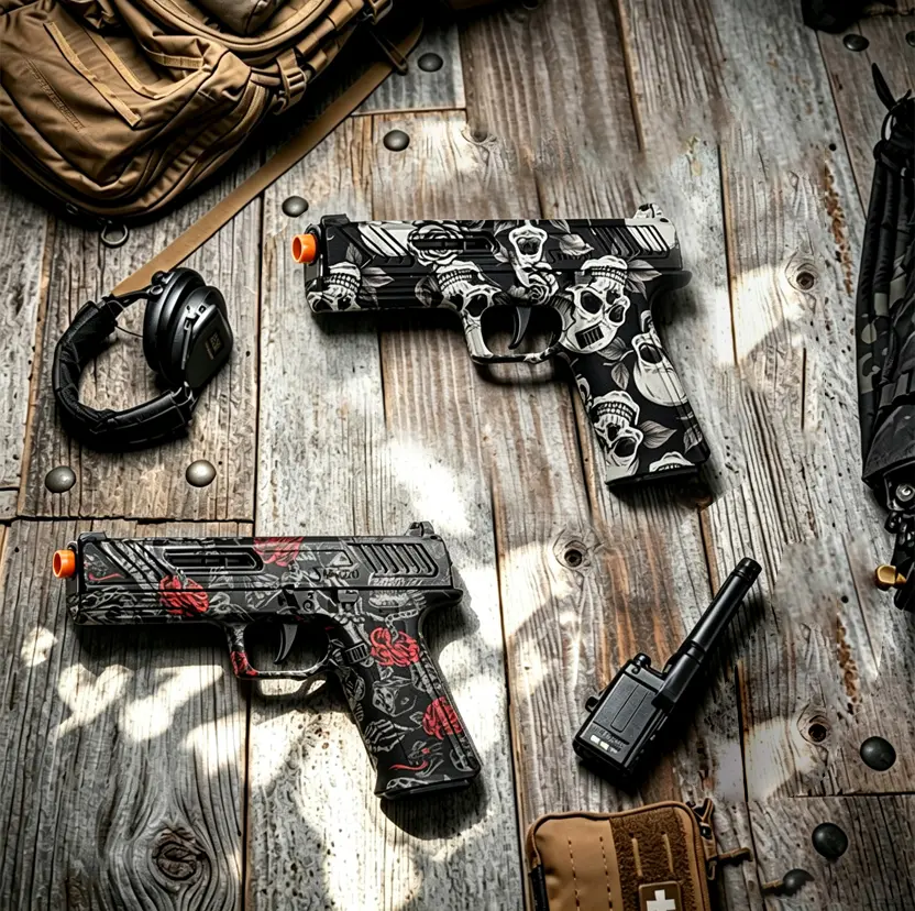 Printed toy gun model, innovative design, made of pure plastic, safe and compliant, outdoor toy for children, comes with 100 bullets and 12 shells