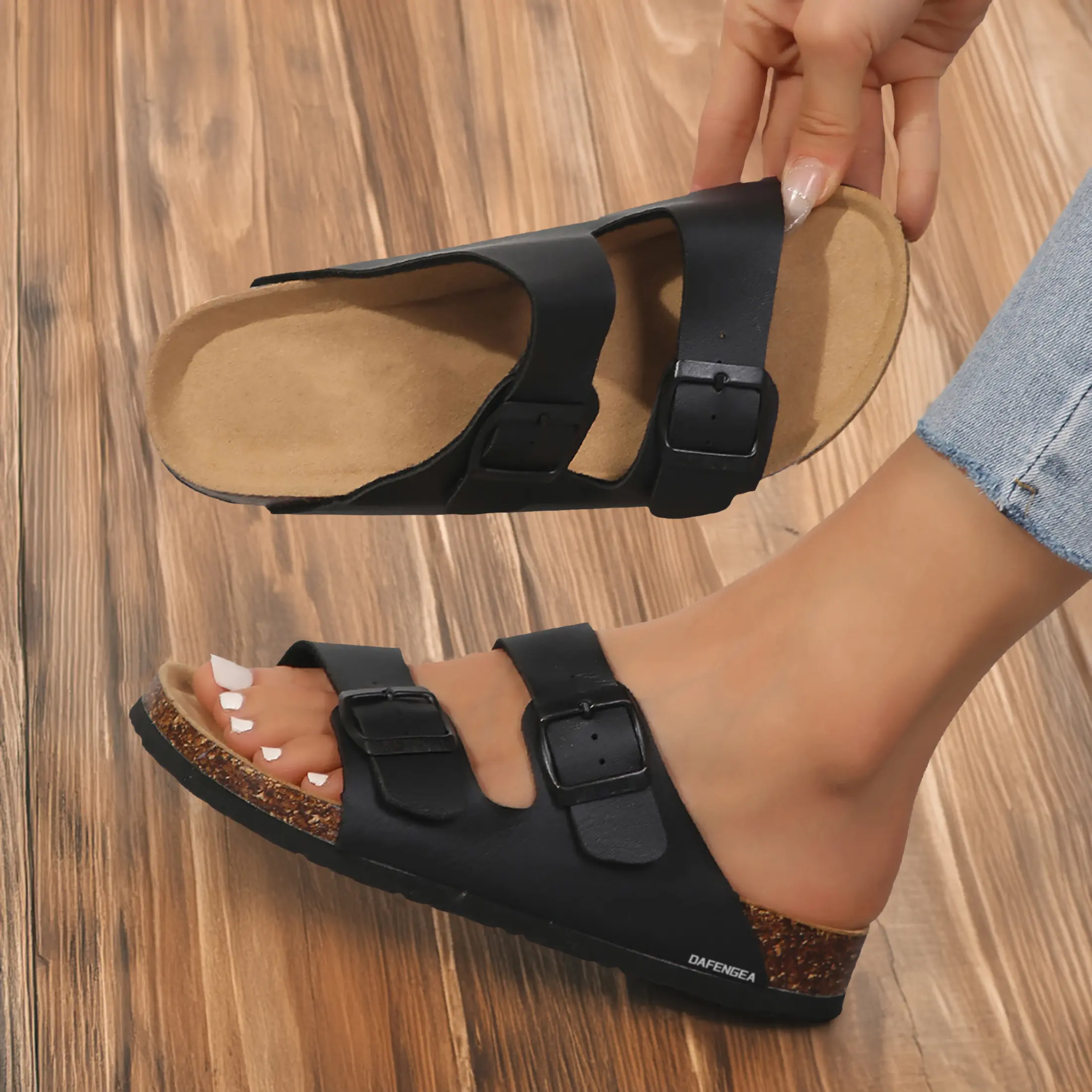 Women's Cork Footbed Slides Open Toe Adjustable Buckled Slip on Slippers Softy Flat Sandals Summer Vibes