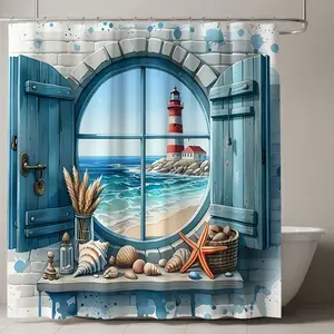 Coastal Serenity Shower Curtain with Nautical Decor, Lighthouse & Seashells Design, Vibrant Beach Scene for Bathroom, Gift for Sea Lovers
