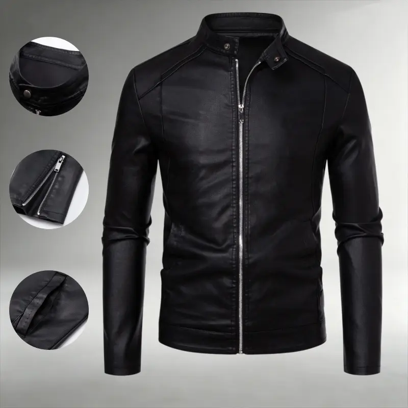 Single-piece men’s stand-collar motorcycle-style PU leather jacket for autumn/winter, smooth wear and abrasion-resistant faux leather fabric, slim short length with zipper design, versatile leather outerwear for commuting and motorcycle travel.