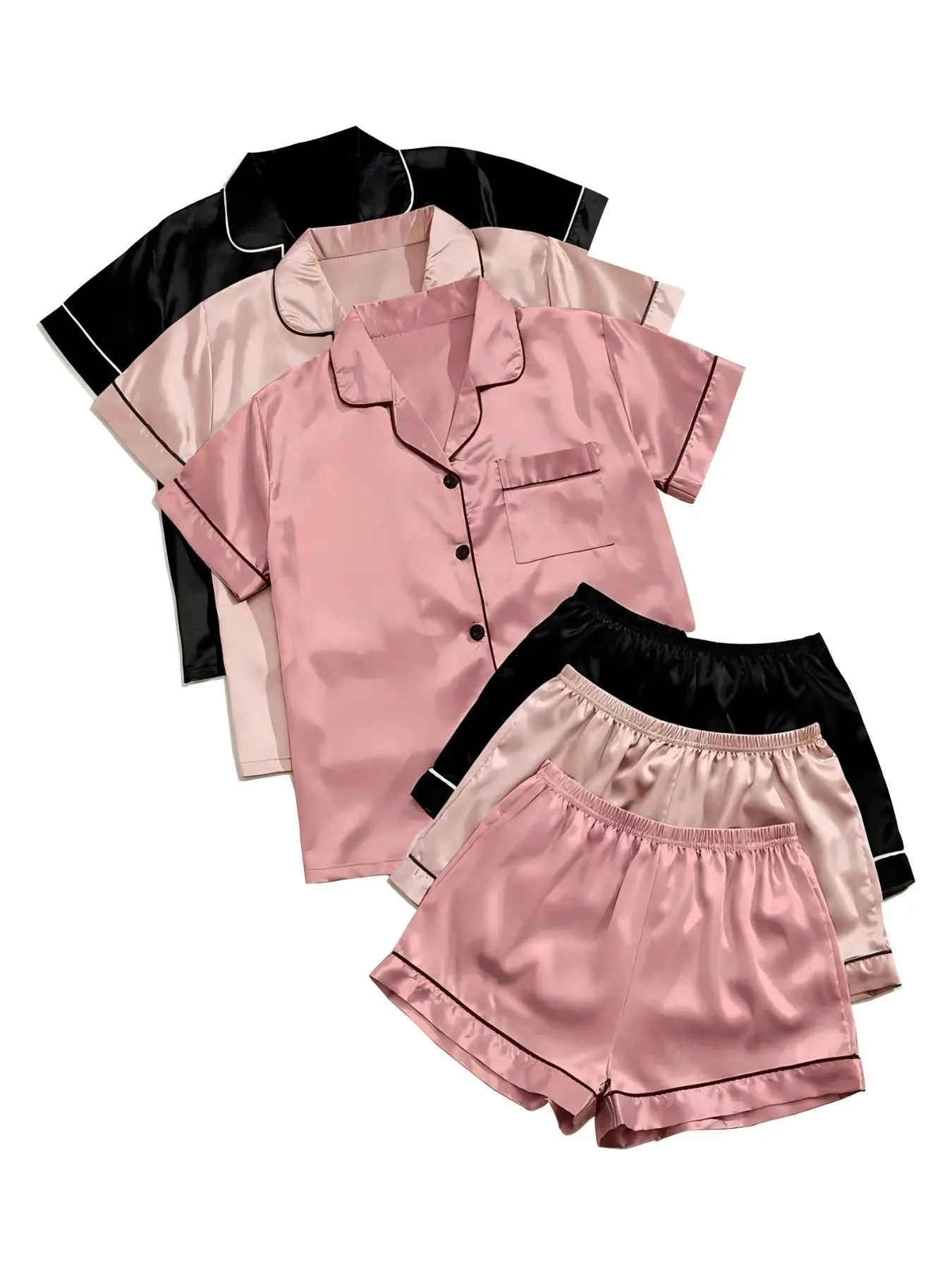 Women's Solid Satin Pyjama Set, Short Sleeve Button Front Lapel Shirt & Contrast Binding Shorts PJ Set, Summer Sleepwear Set, Loungewear, Pajamas, Silky Satin Pajama