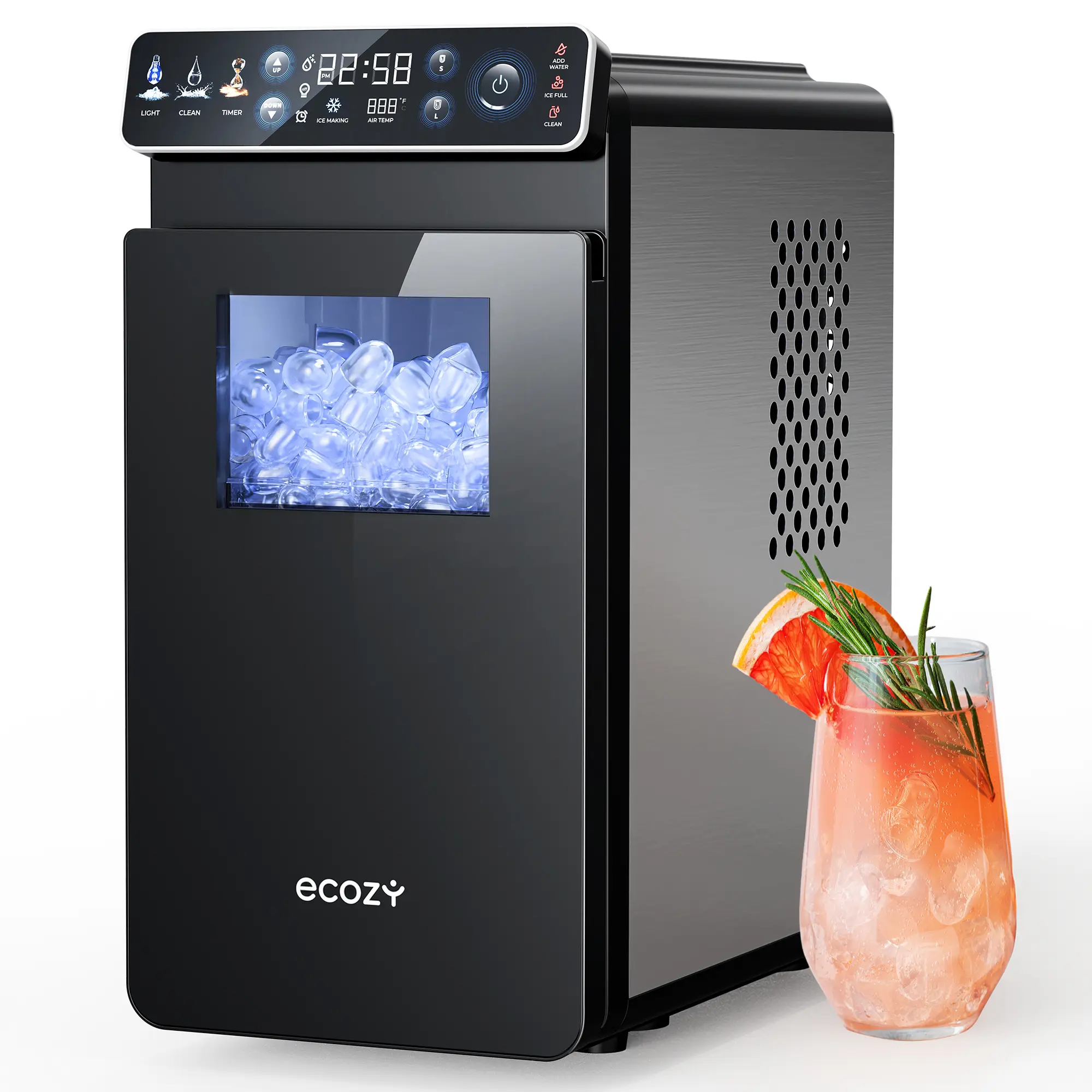<Deals for You> ecozy Ice Makers Countertop, Full-Color Smart Panel Ice Machine with Internal Lights, 26lbs/24H, Double-Layer Insulation, Two Ice Sizes, Portable Ice Maker with Self-Cleaning for Home/Office/Bar