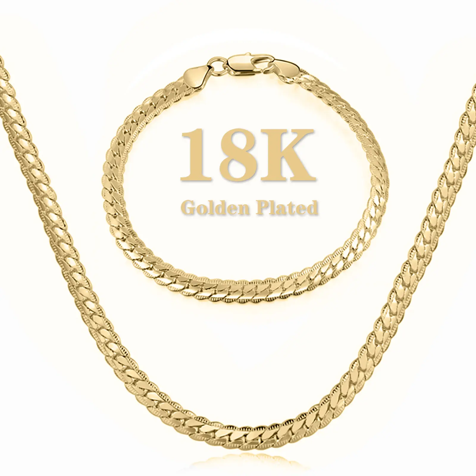 18K gold-plated Full-side  necklace and bracelet Vintage Feel Stainless Steel Anti-Rust Technology Waterproof Sweatproof Perfect Christmas Gift for men and women Width 5mm, Length 18/20/24 inches