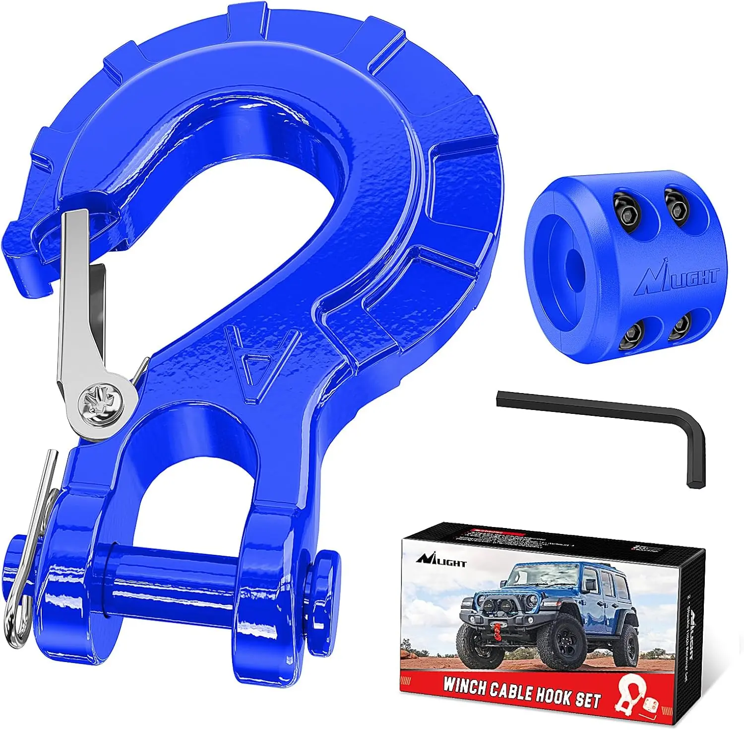 Nilight Forged Steel Winch Strap Hook - 3/8" Grade 70 Safety Latch, Clevis Slip Hook Set with Stopper, Allen Wrench Included, 35,000 lbs Max Heavy Duty for Synthetic Rope Adjustable Rope Durable Nylon Rope