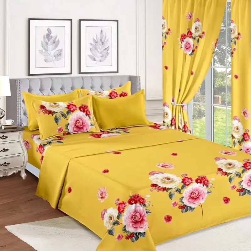 10-Piece Yellow Floral Bedding Set with Decorative Pillows, Elegant Design for a Cozy Bedroom