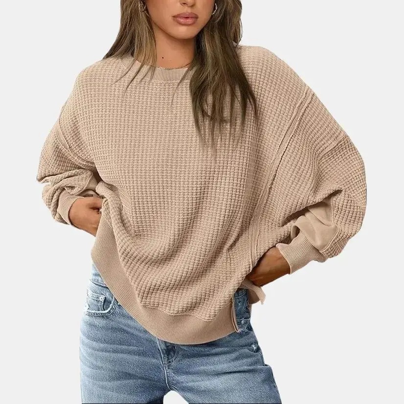 PrettyGarden  Women's Waffle Sweatshirts Oversized Crewneck Fall Fashion Casual Long Sleeve Pullover Knit Spring Shirts Top