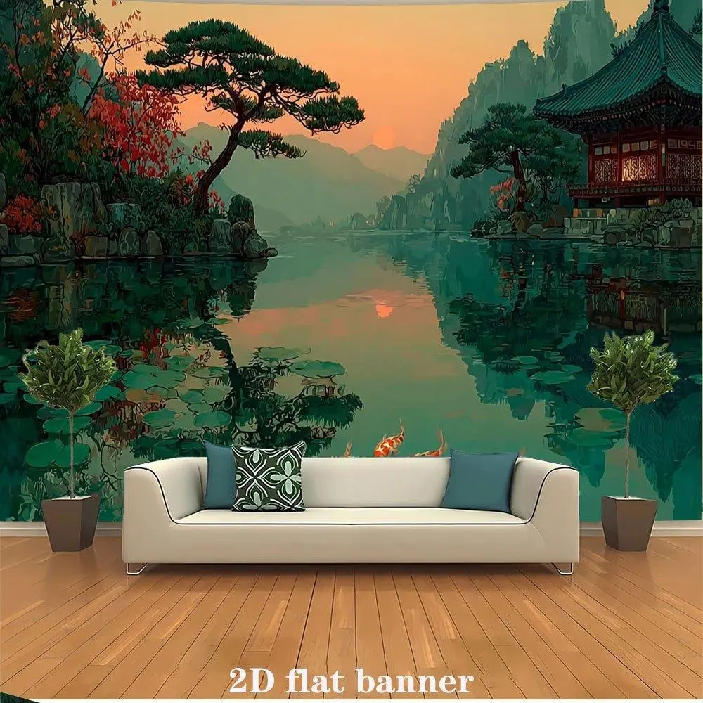 2D Flat, 1pc Korean Chinese Zen Wall Mural Banner - Asian Temple Pagoda & Koi Fish Peel & Stick Wallpaper Panel, Pastel Peach Pink/Green/Beige/Brown for Wedding Backdrop, /Korean/Chinese-Themed Photo Shoot Decor,, 2D Flat