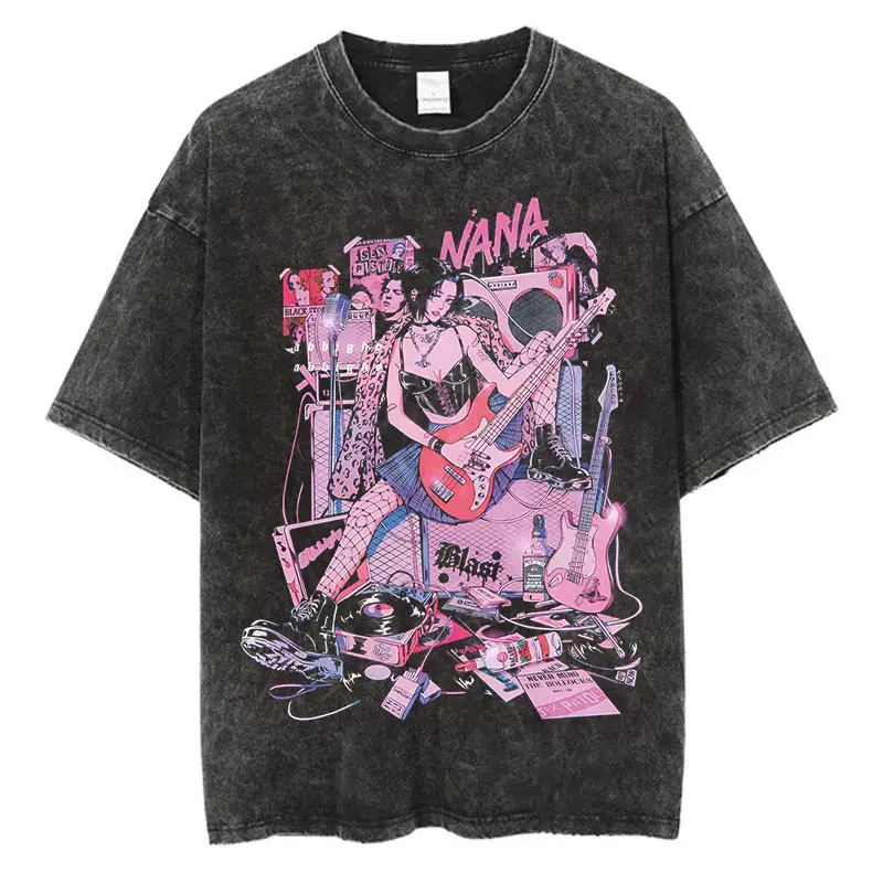 Men's Vintage Washed T-shirt, Heavyweight 230gsm Cotton with Stylish Nana Osaki Anime Graphic, Oversized Casual Fit Shortsleeve Apparel with Ribbed Round Neck, Classic