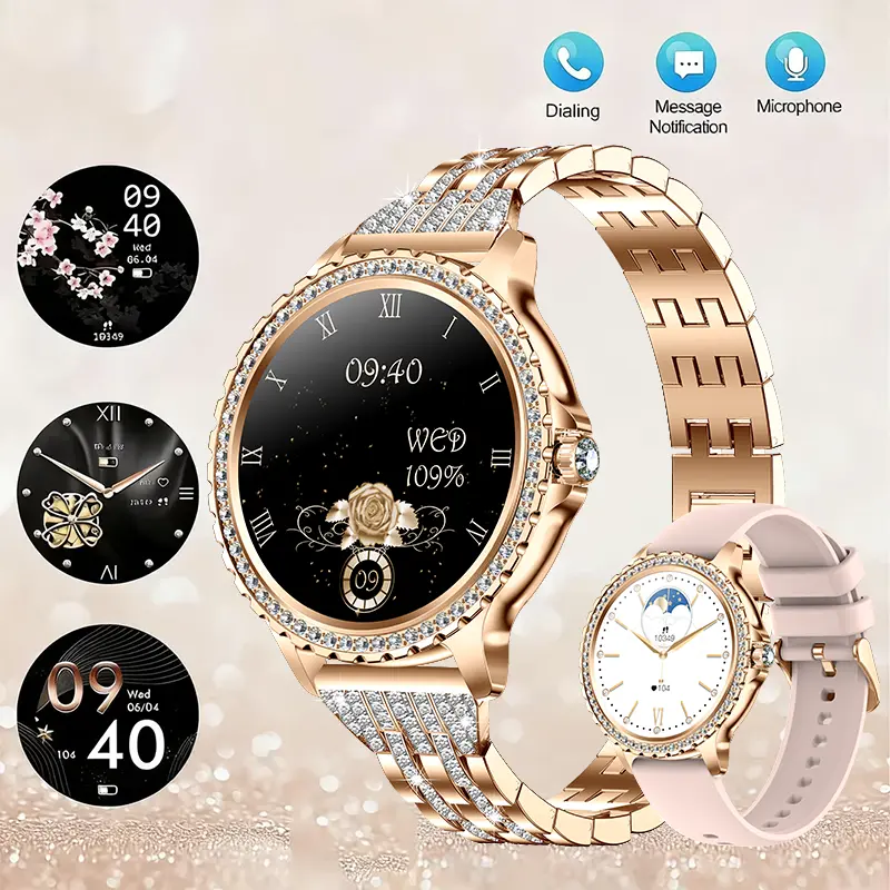 2026 New IP68 Rose Gold Women’s Smart Watch with Diamond Dial & Diamond-Studded Strap, 1.32” HD Full Touchscreen, Bluetooth Call Answer/Reject, Sleep & Step Tracker, 100+ Sport Modes, AI Voice Assistant, Extra Strap, Android