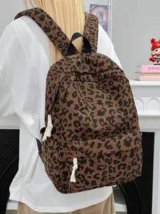 New Vintage-Inspired Leopard-Print Corduroy Backpack Fringe Drawstring Large Capacity Backpack Perfect for Fall/Winter Commuting & Campus Use Trendy Backpack Stylish Daypack