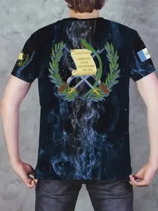 Guatemala Flag Print Round Neck Short Sleeve Fitted Menswear T-Shirt, Casual Sporty Ethnic Geometric Design, Elastic Polyester Blend Fabric, Daily Fan Essential