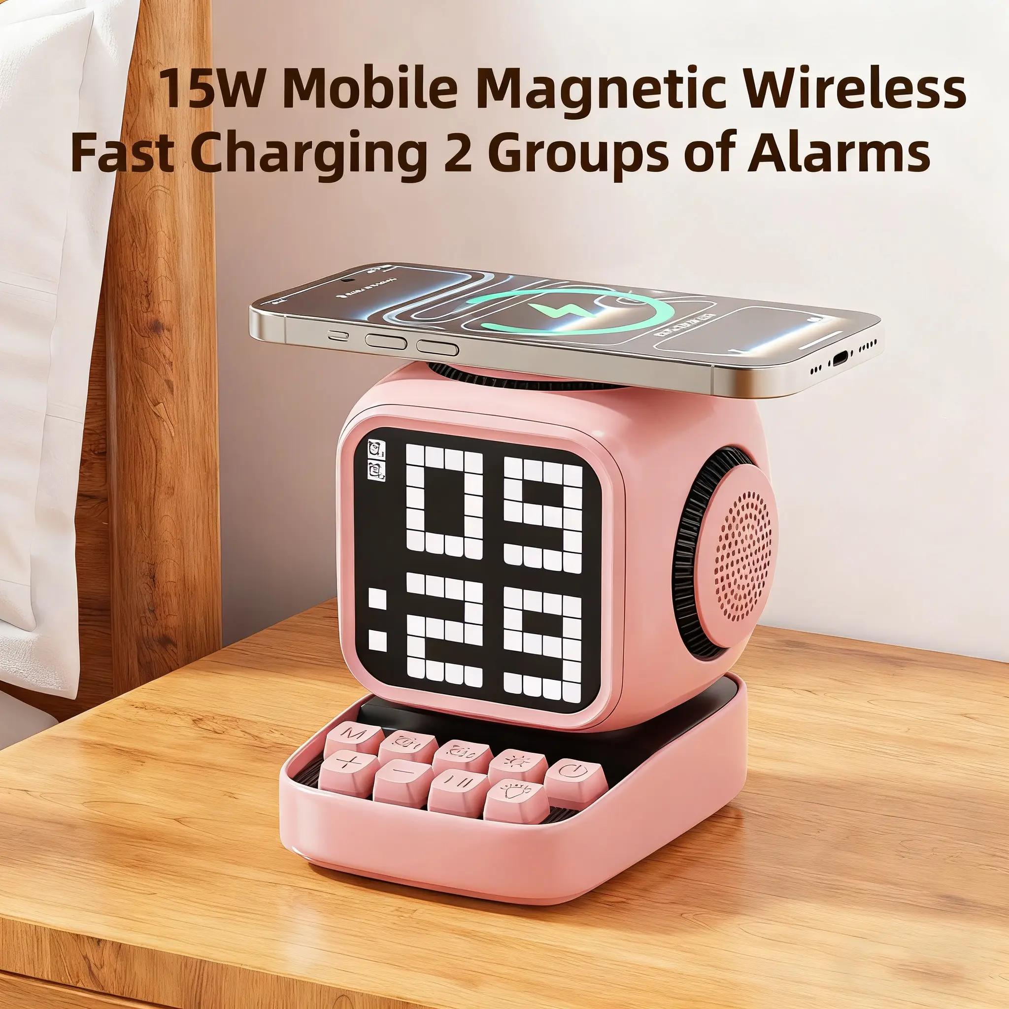 Pixel Art Speaker, White Noise Smart Sleep Speaker,LED Display, Touchscreen with AI Expressions and Voice, 15W, 2600mAh Battery, Portable Bluetooth Speaker, Alarm Clock, Retro Aesthetic Decoration, Supports Android and Apple Wireless Charging