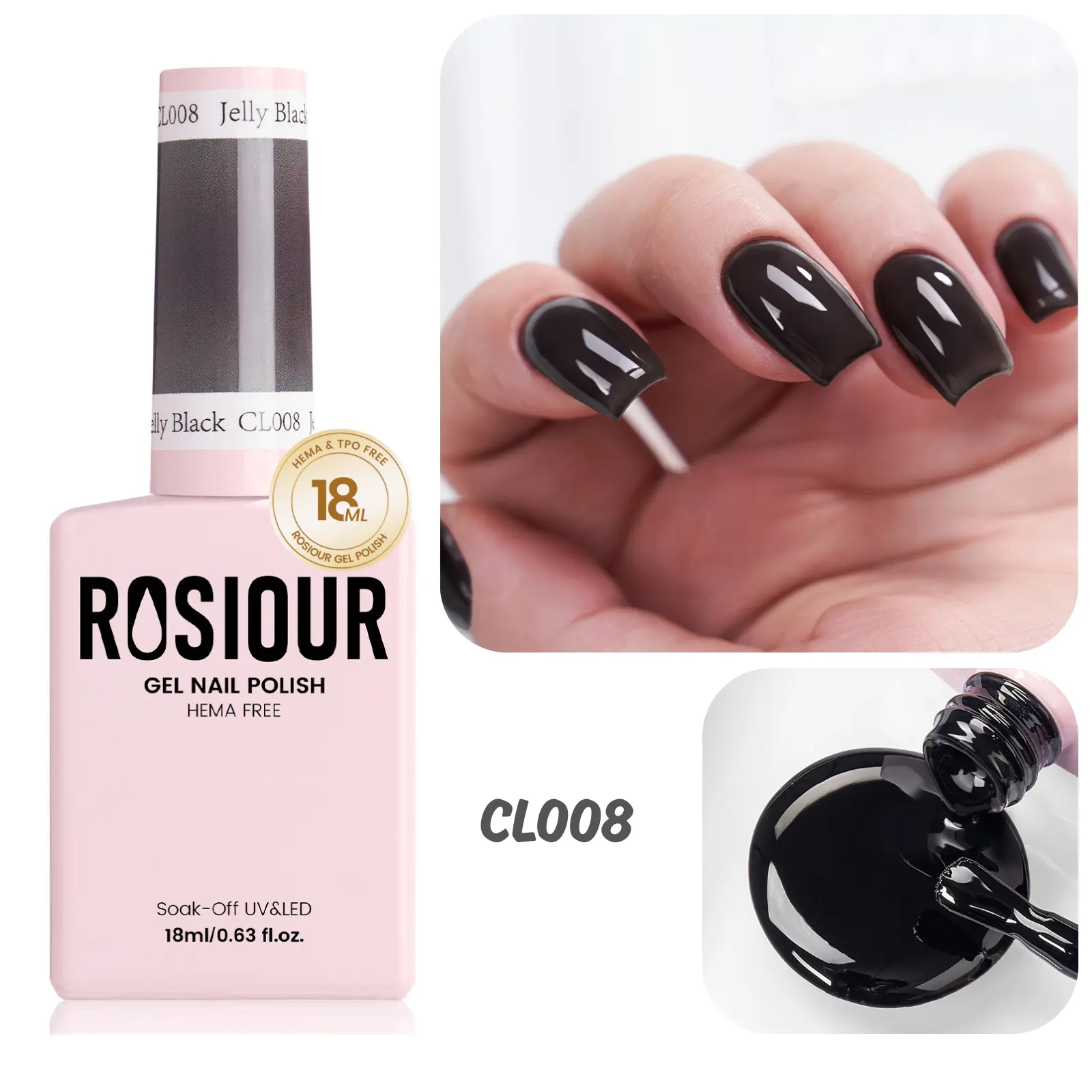 ROSIOUR 18ml Jelly Gel Polish | Jelly Black CL008 | HEMA-Free, TPO-Free | Sheer Jelly Finish | Perfect for Nail Art & French Tips