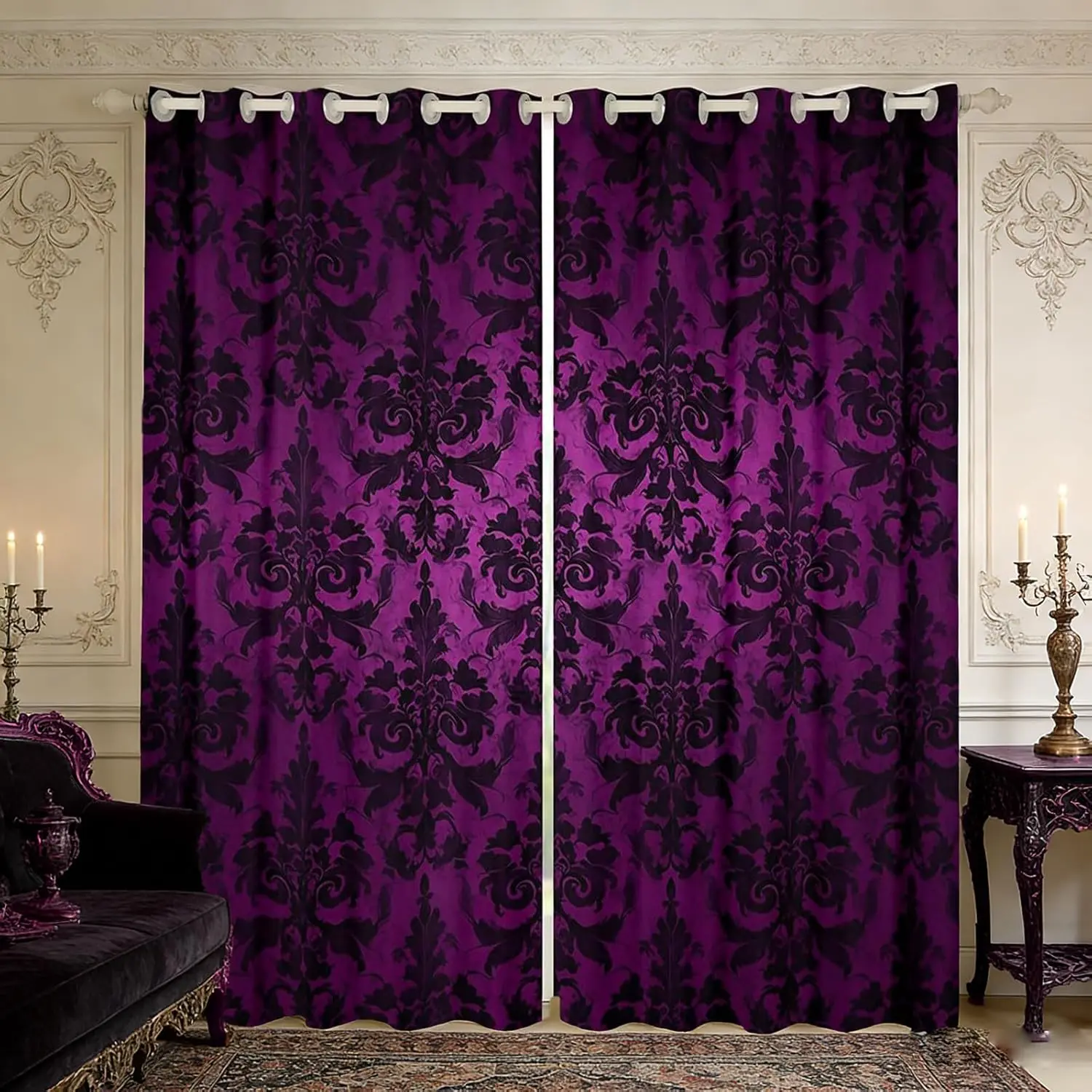 Gothic Curtains For Living Room Adults Black Damask Blackout Curtains,Victorian Darkening Drapes 2 Panels Vintage Baroque Goth Window Treatments Antique Black Floral Bohemian Decor,Purple