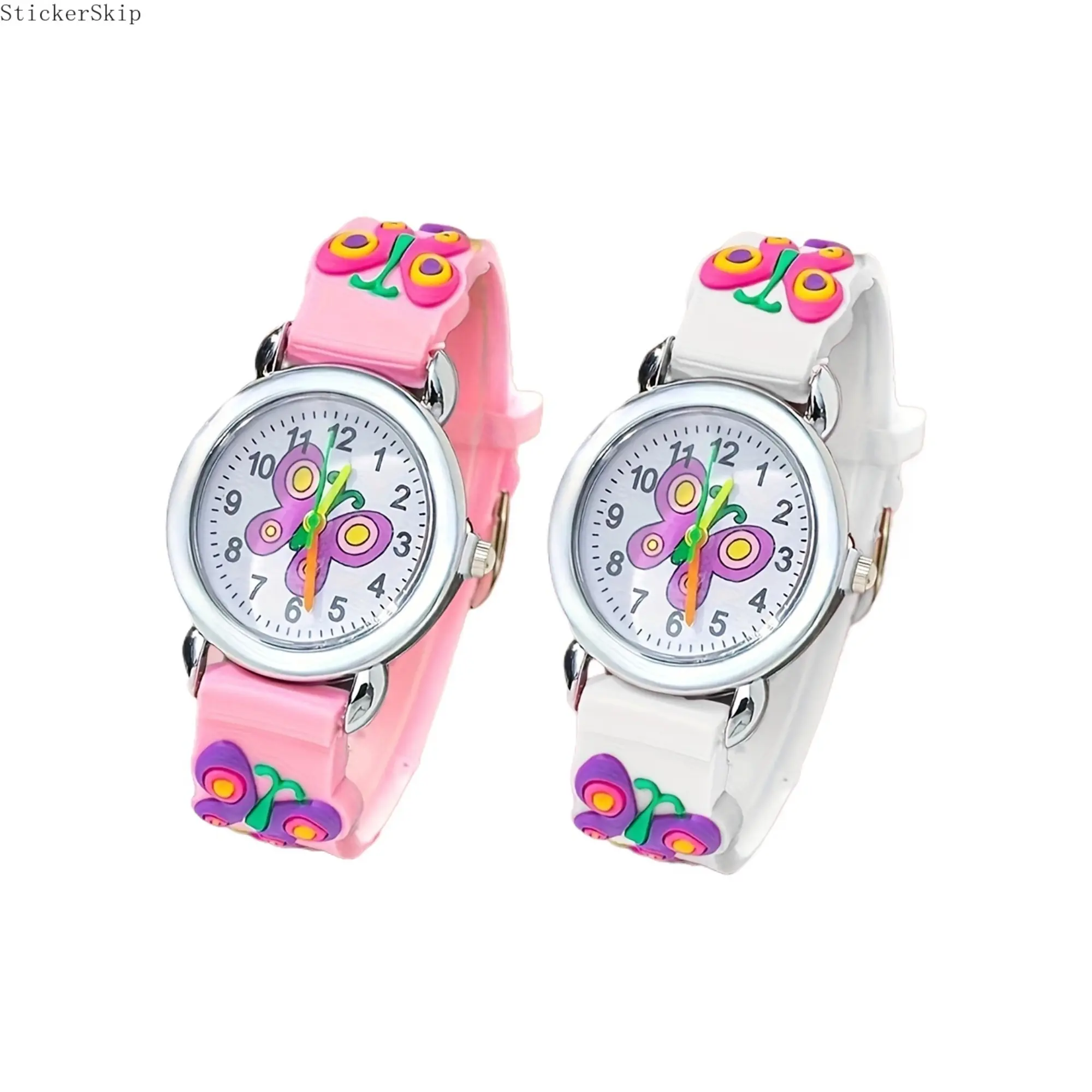 Girls’ 2026 New 2-Pcs Cute Butterfly Face Analog Watches, Girly Look Slim Size Schoolwear Wristwatches with Skin-Friendly Multicolor TPU Straps, Lightweight Casual Timepieces, Ideal Gift for Back to School, Graduation, Analog Clock