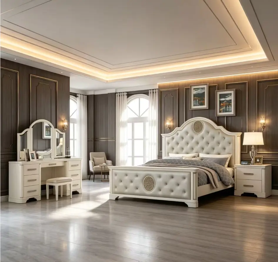 JASMINE Queen 4-Pc Glamorous Modern LED Wood Bedroom Furniture Set, Champagne Beige Indoor Set for Adults with Dresser, Nightstand, Headboard for Bedroom & Apartment Decor, Bedroom Furniture Sets, Modern Bedroom Set