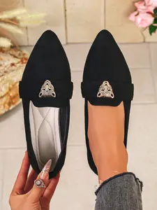 Women's Solid Color Pointed Toe Flats with Metal Buckle Decor, Soft Sole Comfortable Slip-On Shoes, Versatile Commuter Shoes for Work & Daily Wear Footwear, Scandinavian Ballet Flats