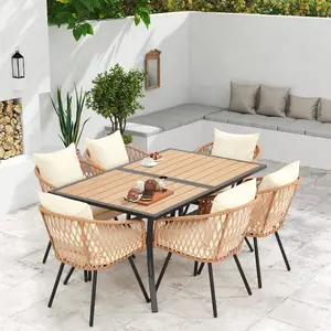 Patio Dining Table Set of 7, Outdoor Table and Chairs Set with 6 Rattan Chairs and a Rectangular Table with Umbrella Hole, Patio Furniture for All Weather Use, for Backyard, Lawn, Garden