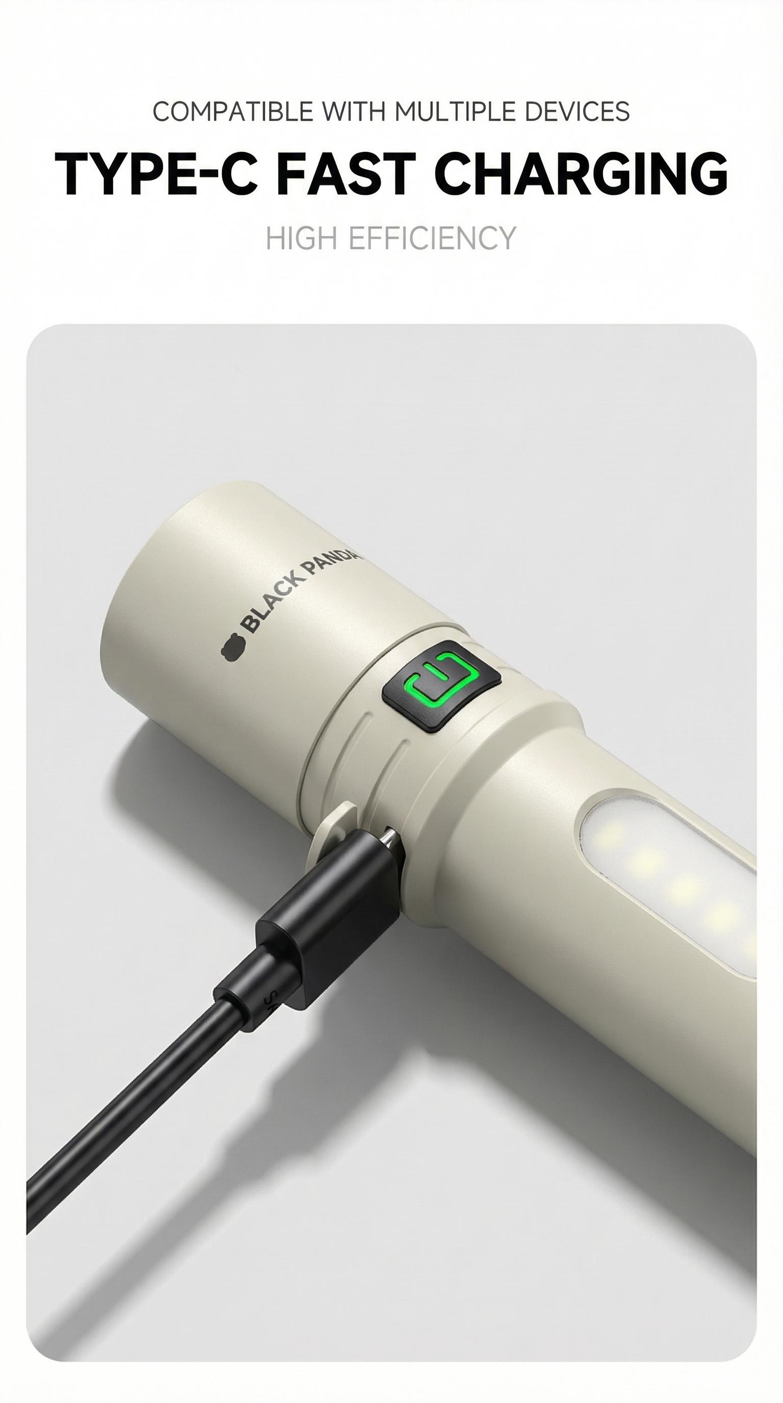 Black Panda Portable Flashlight with Hook Built-in Tail Hanger COB Side Light  Max 500 Lumens TYPE-C Quick Charge Perfect Companion for Hiking and Camping