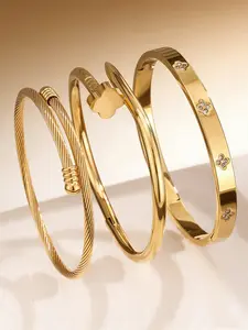 3 Pcs 18k Stainless Steel Stackable Bracelets, Geometric Cuff Design, Boho Style, Ideal for All Seasons, Perfect Gift for Women, Stacked Design Bracelets