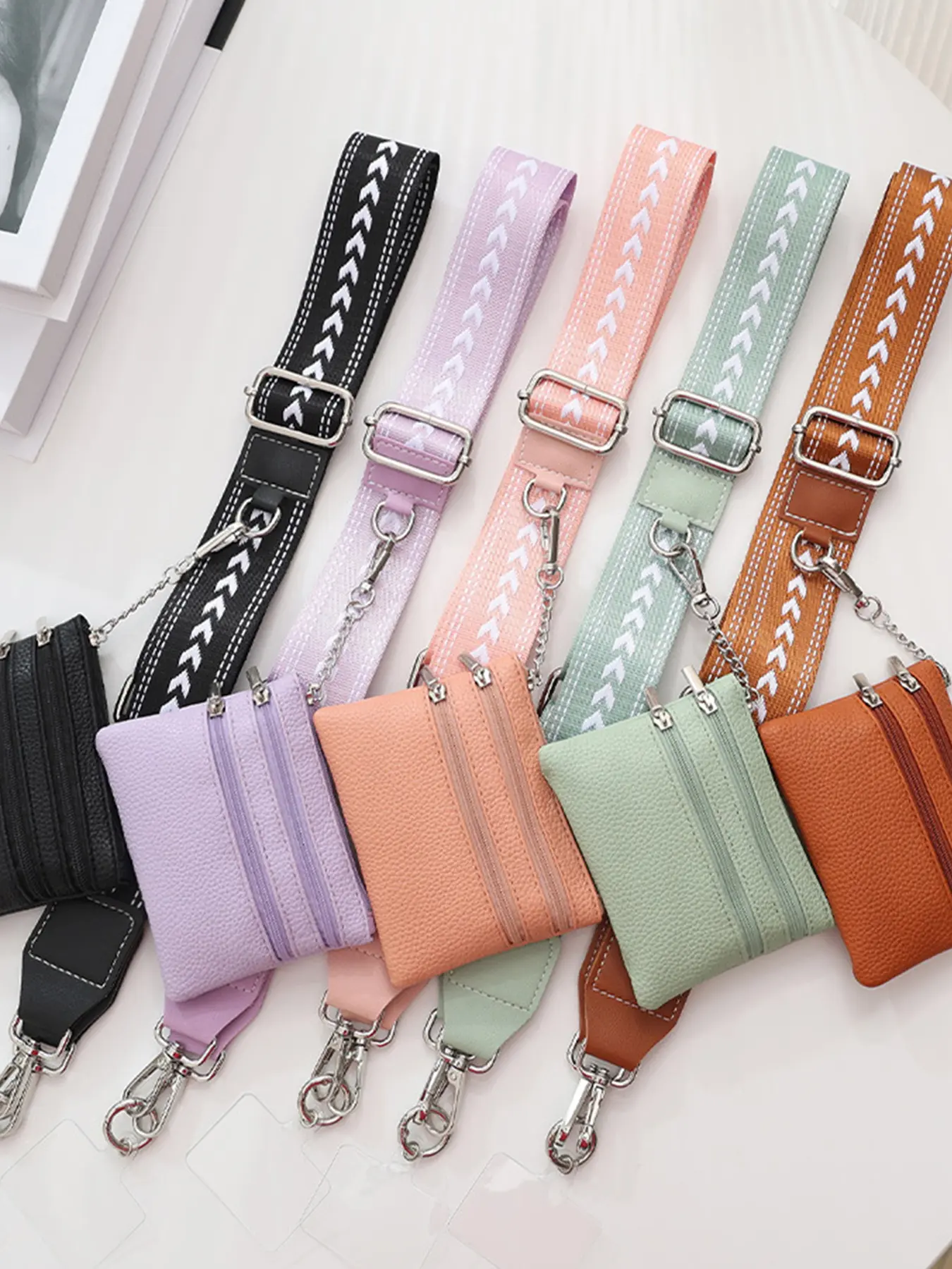 Multi colored woven strap small bag set, woven strap design, double zipper interlayer, reasonable separation, lightweight and easy to carry, can be used alone or as bag decoration, Casual Adjustable strap, Handbag Accessory, Accessories for bags