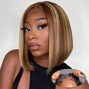 Wigs Human Hair 6x4 Glueless Lace Closure Wigs Transparent Lace Closure Wigs 100% Human Hair Brazilian Human Hair Wig 8-16 Inch Highlight Ombre Lace Front Wig Human Hair Glueless Bob Wigs 4/27 Honey Blonde 180 Density Straight Short Bob for Black Women