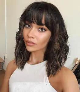 Black Mixed Brown Short Curly Wavy Wig with Bangs for Women Shoulder Length Bob 14 Inches Wig Women's Wigs Synthetic Heat Resistant Fiber Wigs for Daily Party Use