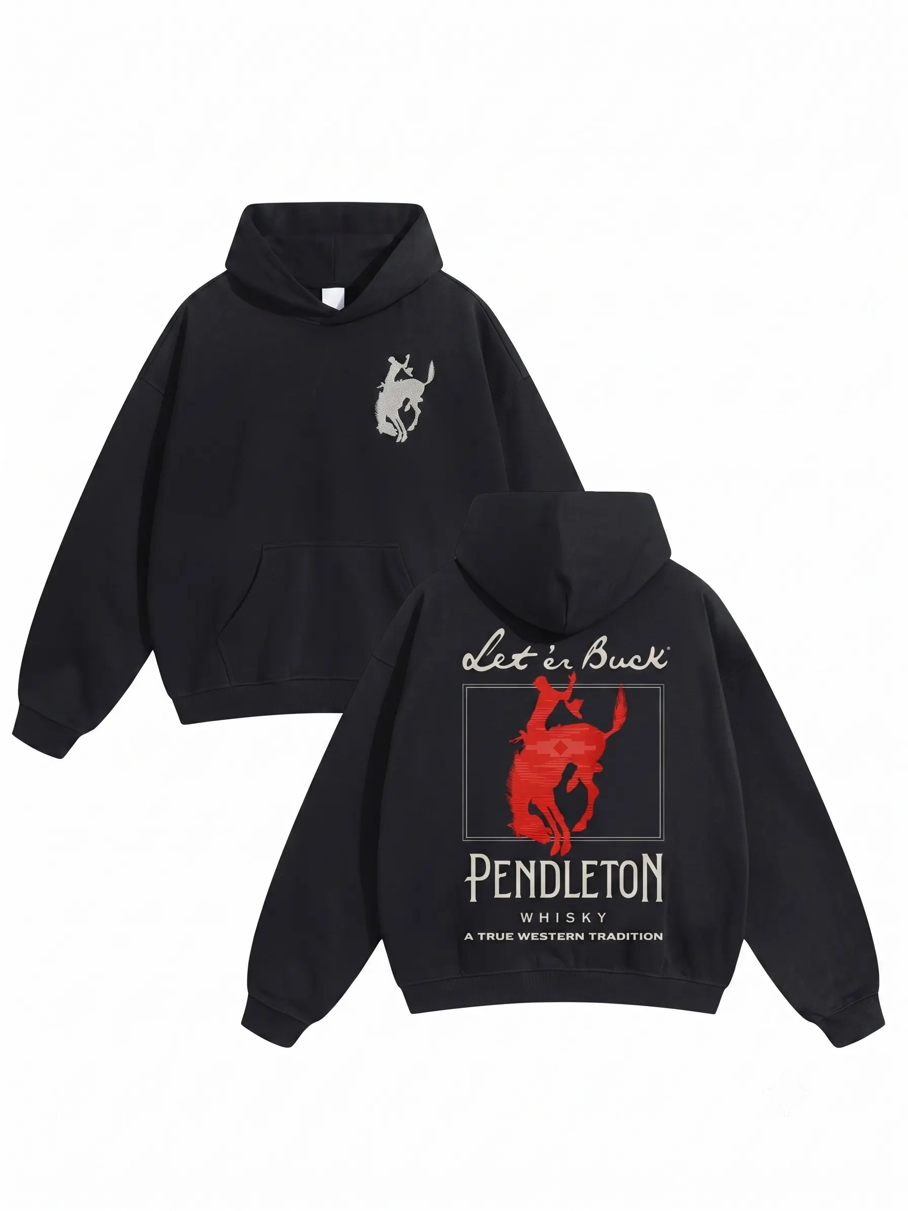 Men's Western Graphic Pullover Hoodie - Menswear Tops, Long Sleeve Let 'Er Buck Rodeo Sweatshirt, Soft Cotton-Blend Oversized Streetwear for Fall Country Music Festival Outfits Black Casual