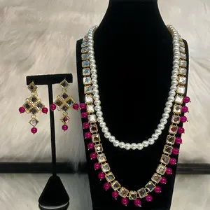 Stylish Kundan Pearls Long Necklace Mala with Earrings for Women Elegant and Versatile Jewelry Set