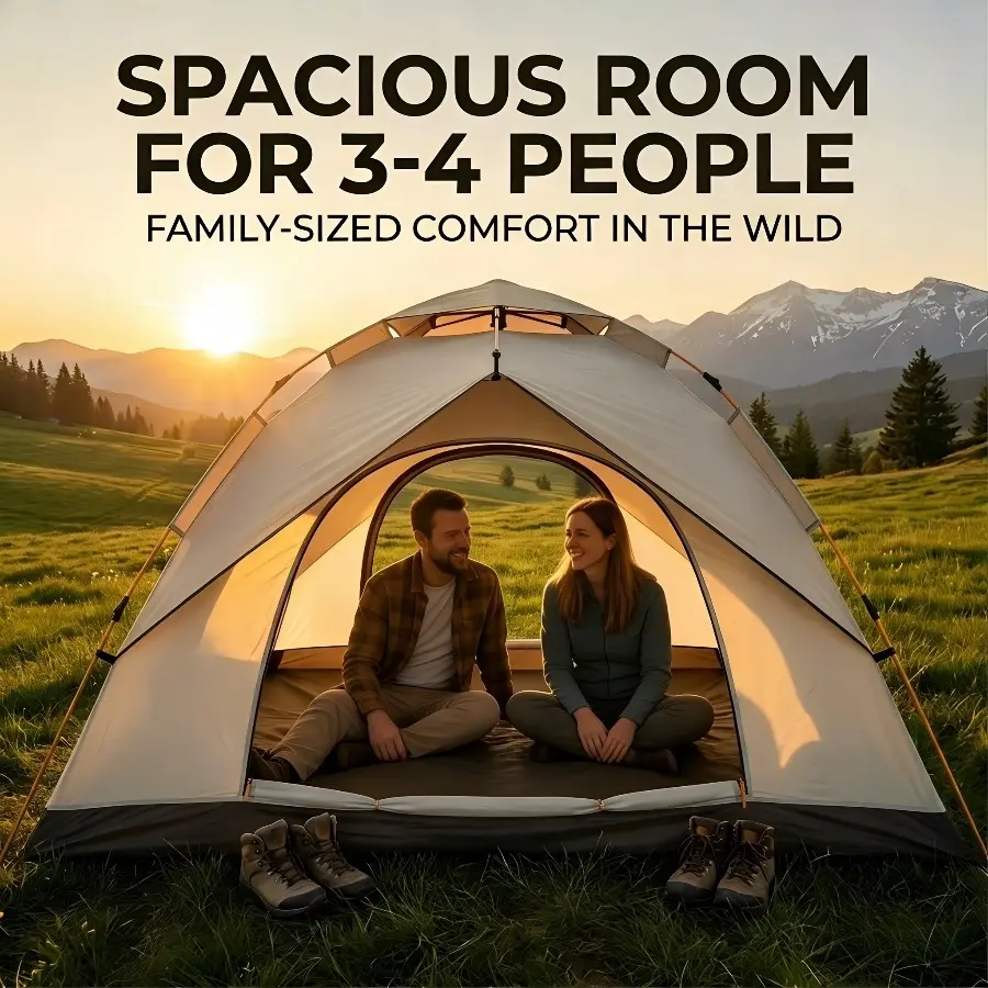 4-Person Automatic Pop-Up Camping Tent, Double-Layer Portable Outdoor Shelter with Sunshade Canopy for Family Beach and Hiking, Outdoor Tent, Beach Tent