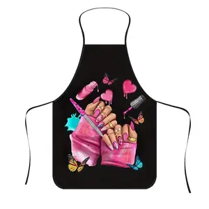 Stylish Unisex Nail Art Apron, Polyester Kitchen and Baking Apron for Chefs and Makeup Artists, Glossy Surface with Vibrant Nail Design