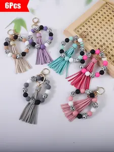 6-Piece Colorful Leopard Print Silicone Bead Wrist Keychain Set, Tassel Hanging Keyring Ideal as Gifts for Friends and Holidays, Keychain Wristlet Strap