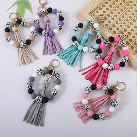 6-Piece Colorful Leopard Print Silicone Bead Wrist Keychain Set, Beaded Tassel Keychain, Tassel Hanging Keyring Ideal as Gifts for Friends and Holidays, Keychain Wristlet Strap