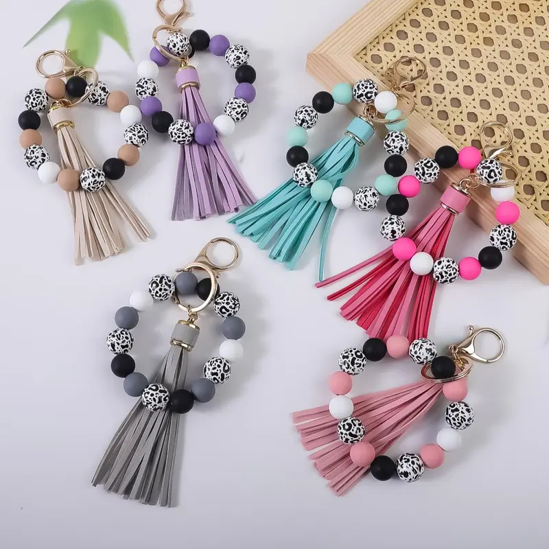6-Piece Colorful Leopard Print Silicone Bead Wrist Keychain Set, Beaded Tassel Keychain, Tassel Hanging Keyring Ideal as Gifts for Friends and Holidays, Keychain Wristlet Strap